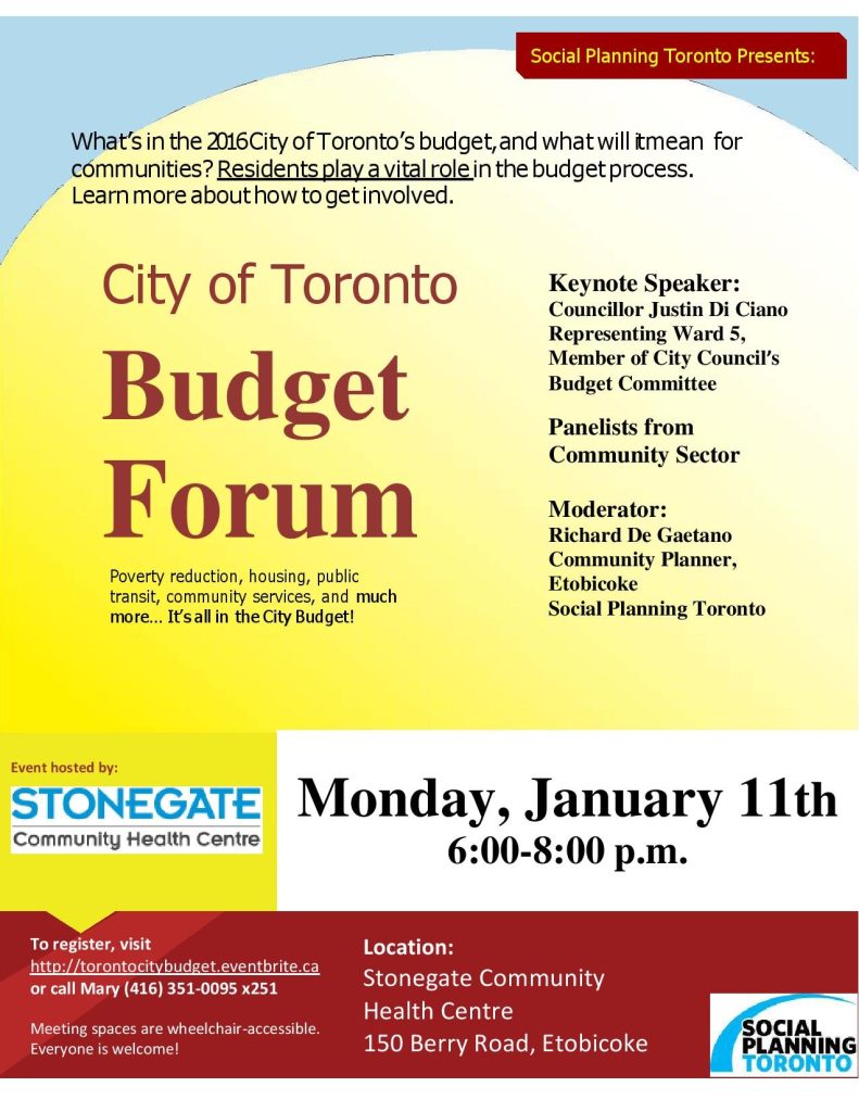 City of Toronto Budget Forum at Stonegate CHC poster