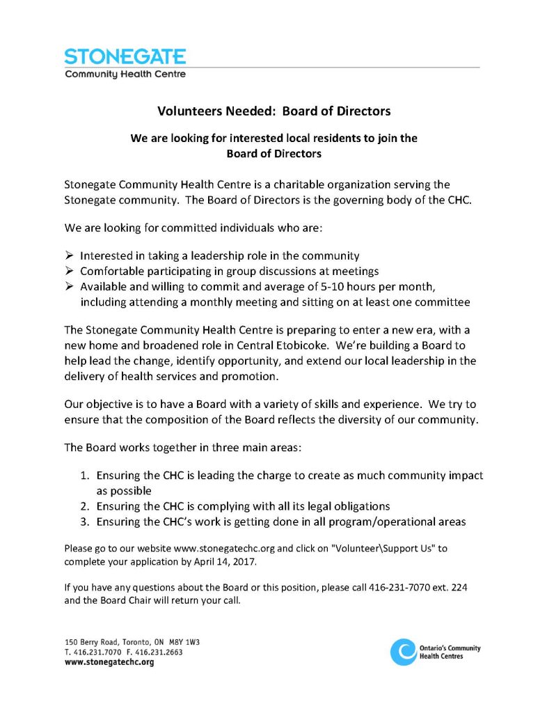 tonegate CHC Board Membership Outreach poster