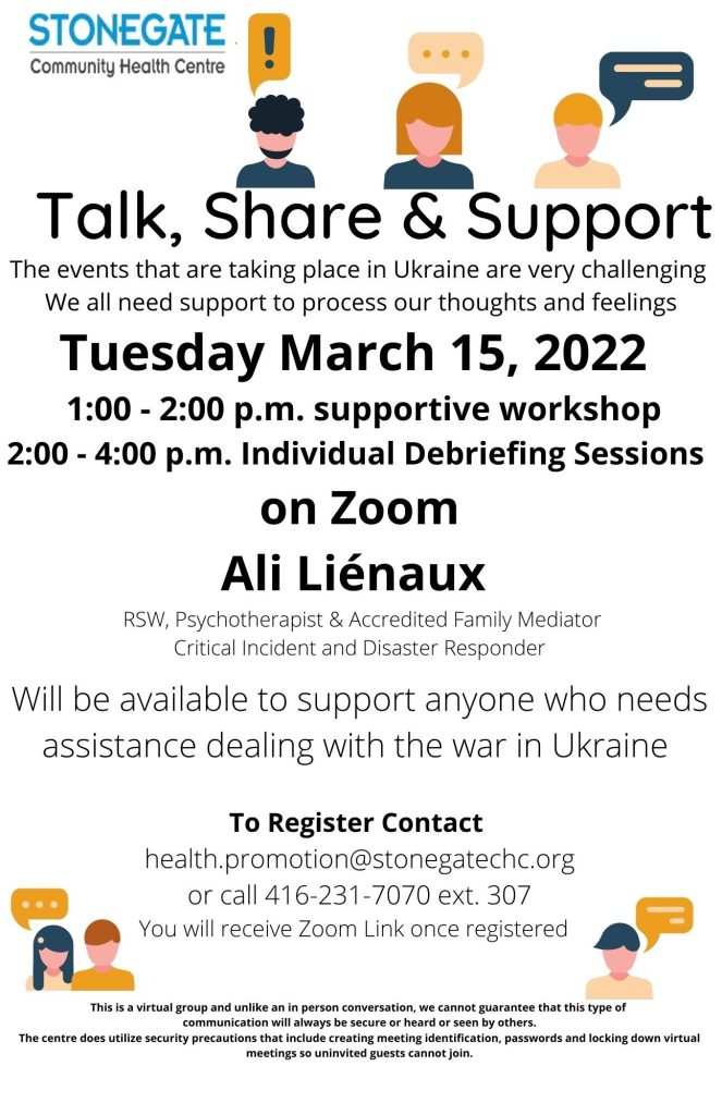 Stonegate CHC Talk Share Support Zoom Meeting Poster